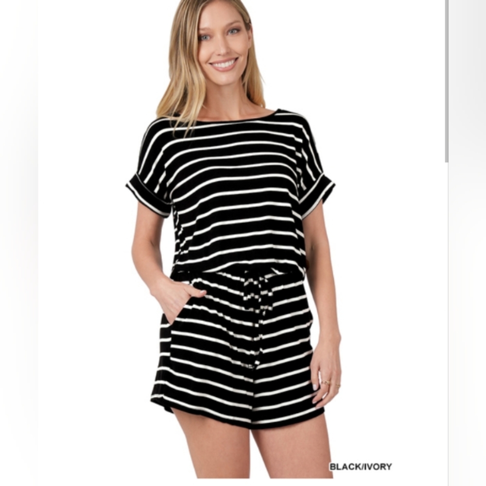 Zenana black and white striped romper
